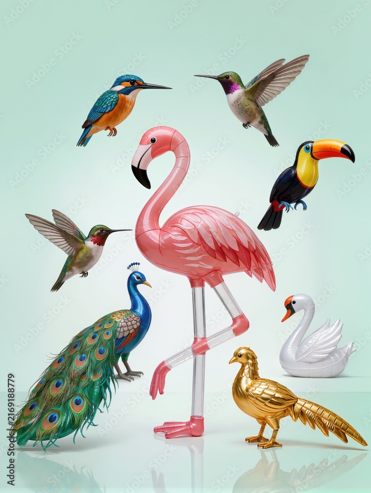 Naklejka premium A sophisticated collection of beautiful birds recreated entirely from transparent inflatable plastic, featuring peacock, flamingo, kingfisher, hummingbird, swan, toucan and golden pheasant