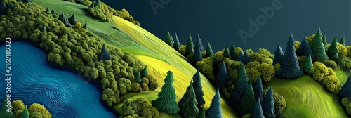 Stylized Green Forest Hills and Blue Lake Panoramic Landscape