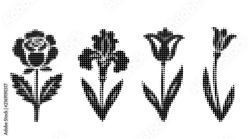 Set of spring flowers in halftone style. Black and white vector silhouettes of rose, iris and tulips made of dots