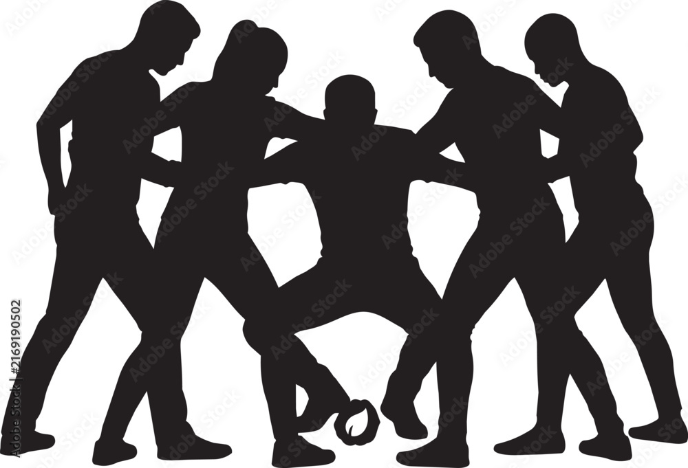 Fototapeta premium Rugby scrum silhouette vector, diverse team of athletes in huddle, competitive sports players action graphic, teamwork and unity concept