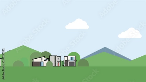 Residential Neighborhood with Mountains and Blue Sky, Seamless Loop Animation