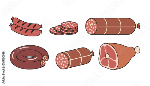 Selection of various delicious sausages and meats including sliced salami and a whole ham on white background.