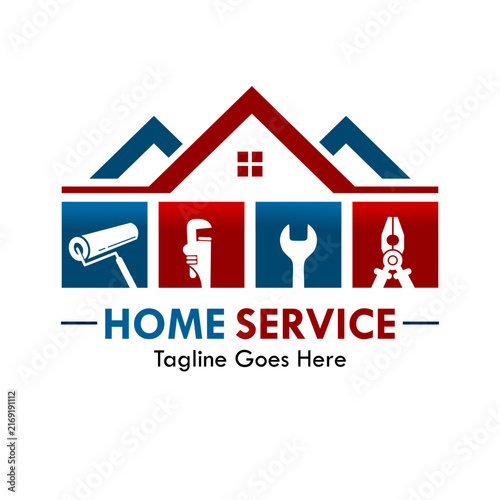 Home service logo vector design featuring house roof with repair tools like wrench, pliers, and paint roller for maintenance and renovation business.