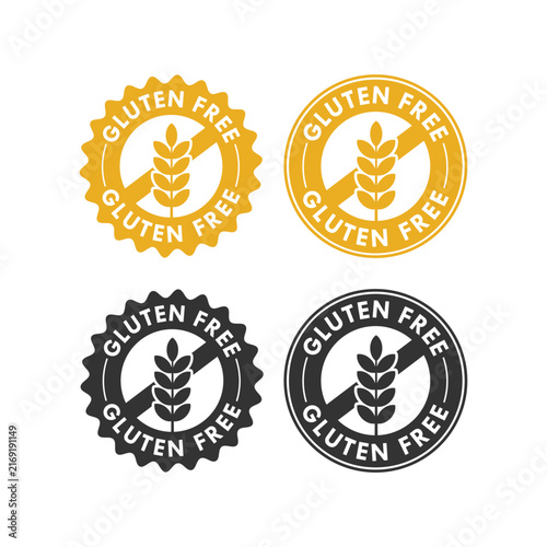 Gluten free product badge collection featuring wheat ear icon, circular stamp design for organic food and dietary packaging.