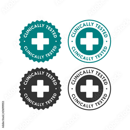 Clinically tested stamp badge set with medical cross symbol for certified healthcare, cosmetics, and medical product labeling.