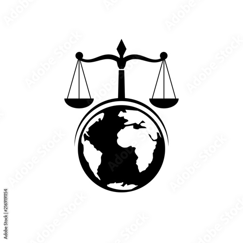 Global justice and legal logo icon featuring scales of justice positioned over a world globe in classic black and white.