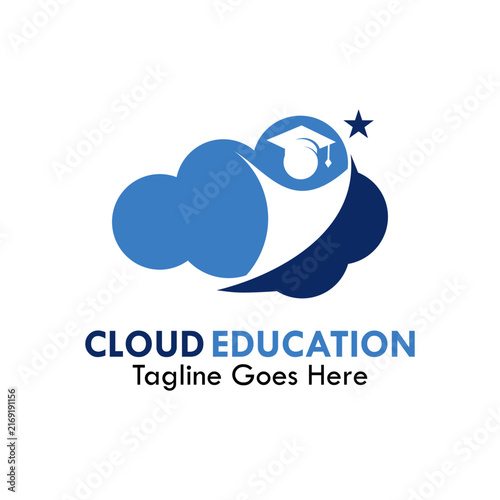Cloud education logo template featuring a student figure, cloud design, graduation cap, and star icon in modern blue.