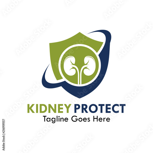 Kidney protect logo incorporating green kidney silhouette inside blue shield emblem for kidney protection, renal health insurance, and care clinic.