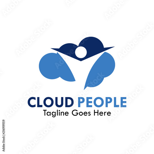 Cloud people logo template featuring human figure spreading arms inside cloud shape for community, cloud storage, human resources, or teamwork.