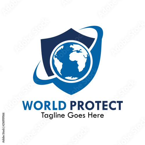 World protect logo template combining globe and shield with orbital swoosh for global security, insurance, environmental, or technology brand.