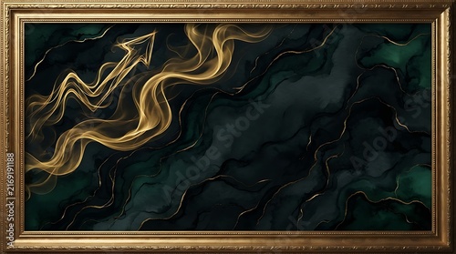 Luxury Framed Abstract Gold Growth Arrow on Dark Green Marble Background  
