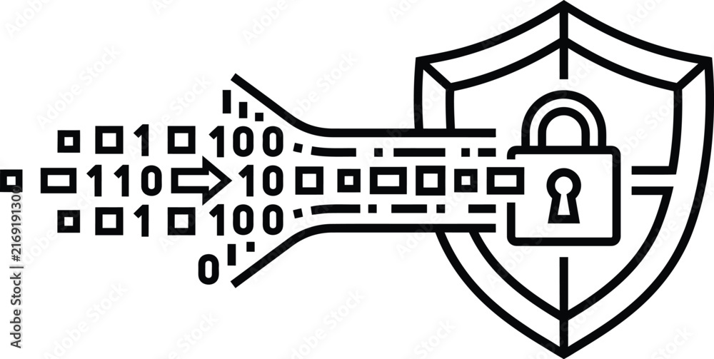 Fototapeta premium Digital data protection icon showing binary code stream entering a secure padlock shield.