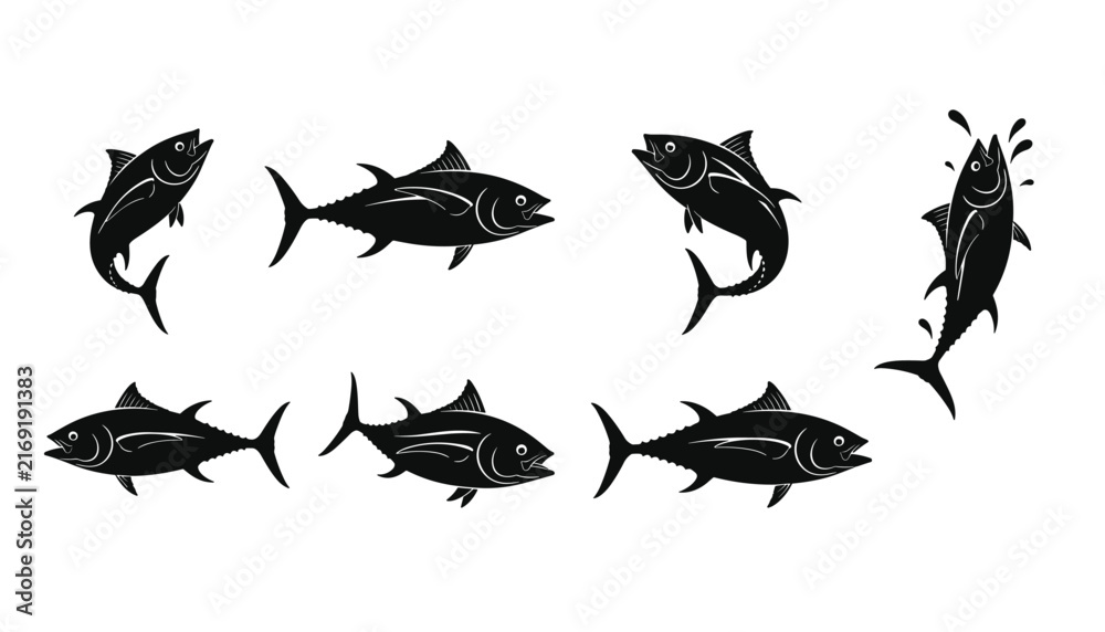 Fototapeta premium Set of eight black and white tuna fish silhouettes in various active swimming and leaping poses represents marine life and deep sea fishing.