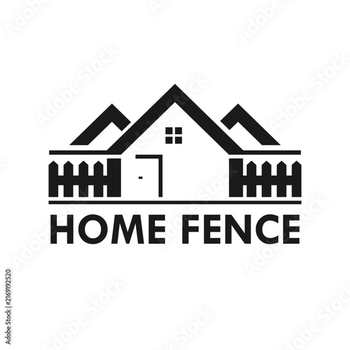 Home fence logo vector design featuring house roof and wooden perimeter boundary fence for real estate, security, construction, and property management.