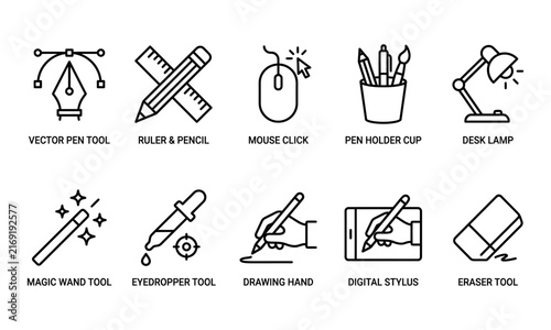 Professional graphic design and technical drawing tool line icon vector pack built for digital art studio software, creative agency portfolios, web layout interfaces, and multimedia editing platforms.