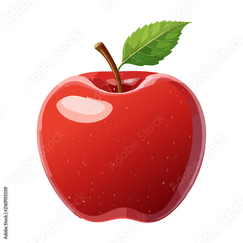 Red ripe delicious apple with stem and green leaf for school snack healthy eating fruit market banner vector design asset