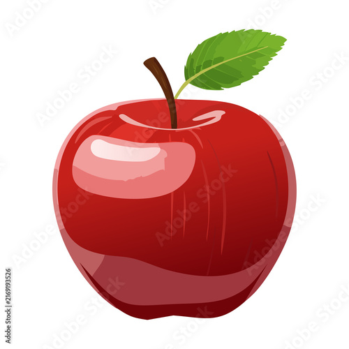 Whole glossy red apple fruit with stem leaf for fresh juice packaging print advertising campaign vector graphic illustration artwork