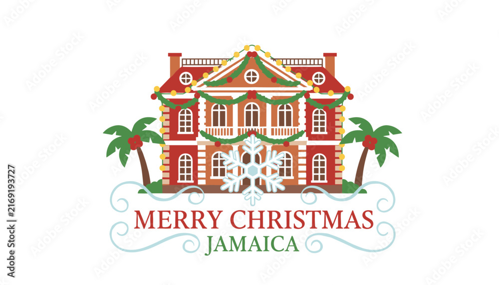 Naklejka premium Colorful Christmas greeting design for Jamaica featuring a decorated colonial mansion, palm trees, and a snowflake.