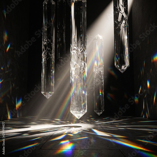 Floating Crystal Columns Refracting Sunlight into Rainbow Geometry