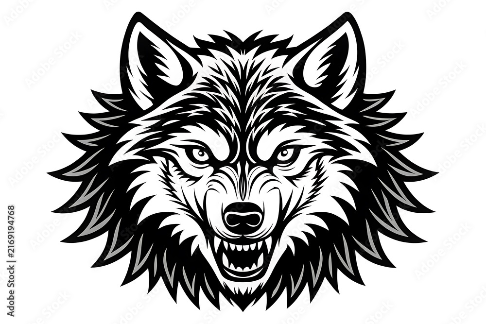 Fototapeta premium Black and white fierce wolf head illustration vector