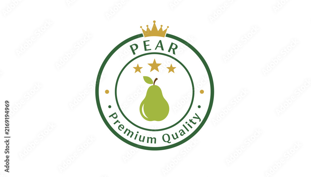 Fototapeta premium Premium quality pear fruit badge with a golden crown and three stars, representing high standard organic agriculture.