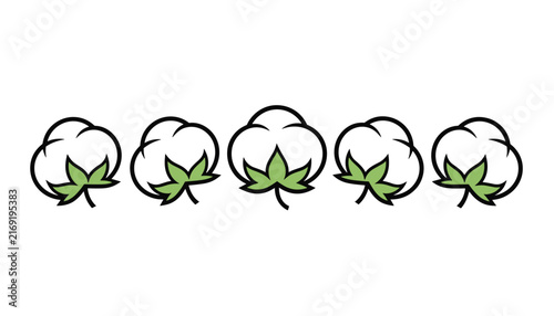 Symmetrical horizontal line of five white fluffy cotton bolls with green sepals, isolated on a white background.