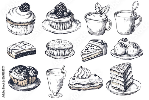 Collection of delicious desserts and pastries in hand drawn sketch style vector illustration on white background.