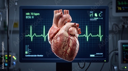 Anatomical Human Heart with Digital ECG Monitor Background