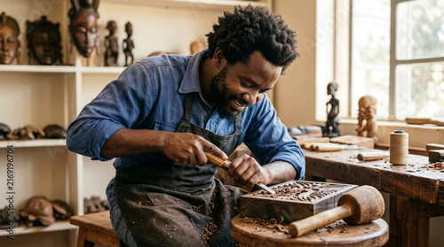 Skilled African Artisan Carving Traditional Wood Pattern in Workshop Studio