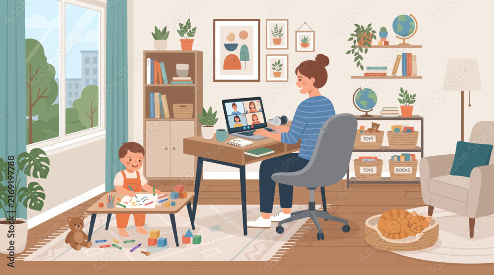 Fototapeta premium Mother working remotely on a video call while toddler plays in home office