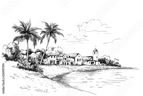 Tropical coastal village with palm trees and church vector illustration on white background.