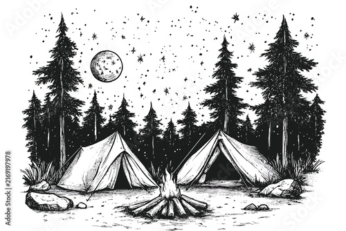 Two tents and campfire under starry night sky in forest vector illustration on white background.