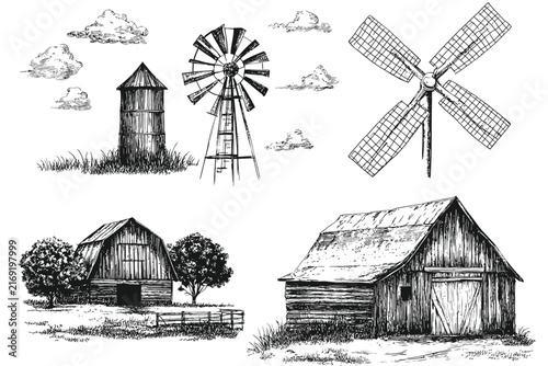 Vintage Farm Scene with Barn Silo and Windmill Vector Illustration on White Background.