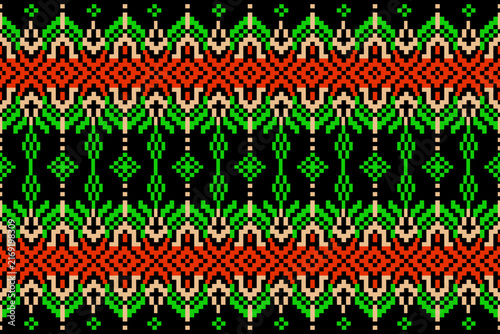 christmas tree pattern
Tribal pattern in pixel art style, diamond shape, zigzag lines combined with starbursts, top and bottom borders using green, orange, and beige colors. Dark background, suitable 