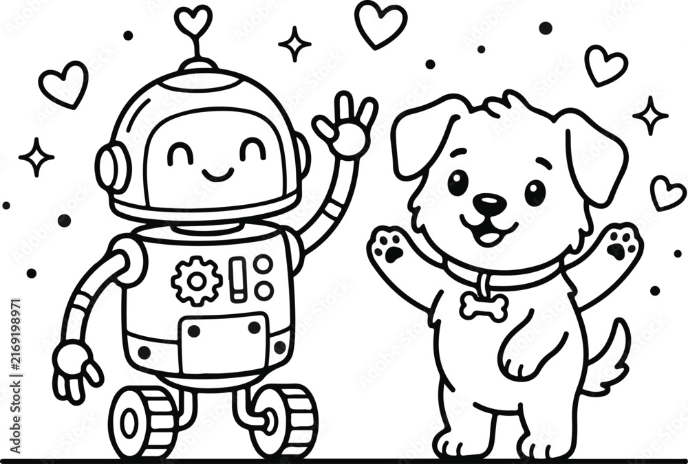 Naklejka premium Cute robot and puppy waving hello, friendly cartoon line art for coloring page.