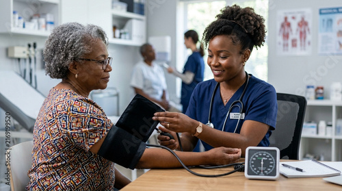 Friendly African American Nurse Measuring Blood Pressure of Senior Woman in Medical Clinic
