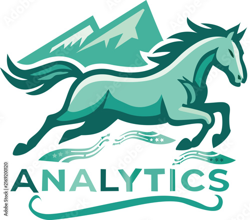 Dynamic Horse Running Logo with Mountain and Analytics Concept