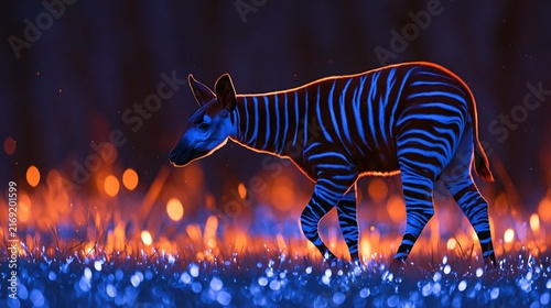 Plakat Night walking okapi with blue stripes and orange background