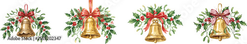 Christmas Bell with Holly and Mistletoe Botanical Decoration, vector watercolor style isolated on white