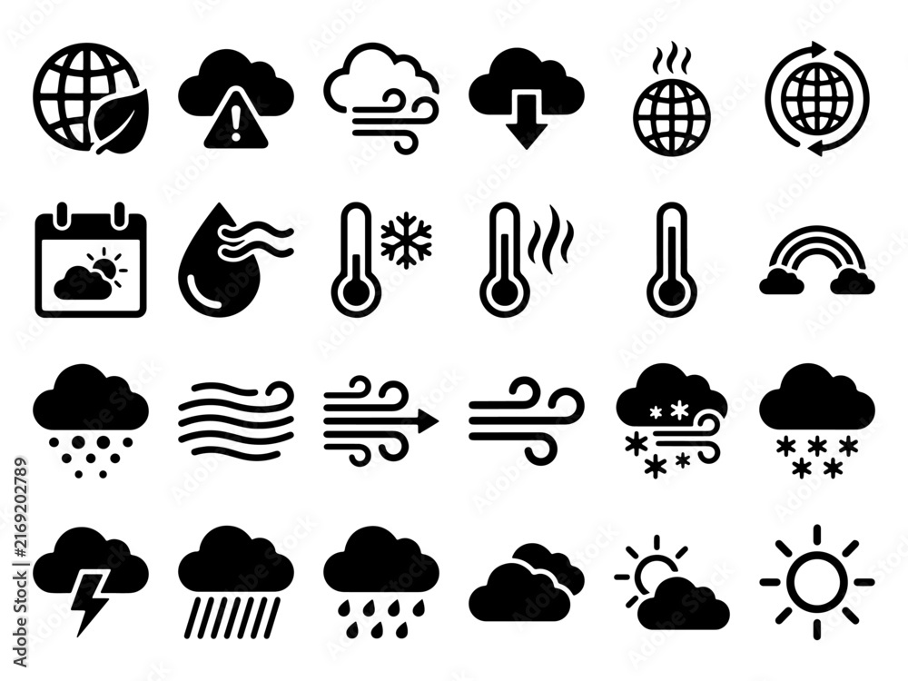 Fototapeta premium Set of weather forecast and ecology icons and pictograms with pictogram forecast environment collection temperature