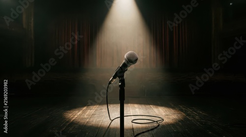 Vintage microphone dramatically illuminated by a powerful spotlight on an empty wooden stage with dark curtains.