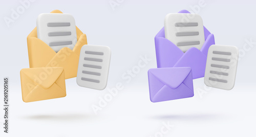 Vector 3d render envelope icon with document isolated on white. Message, mail, newsletter subscriptions, business docs, email services. Cute illustration for banner, web, social media, app