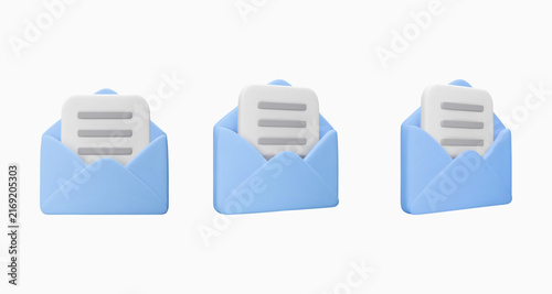Set vector 3d envelope icon and document isolated on white. Message, mail, open mail, newsletter subscriptions, business documents, email. Render illustration for banner, web, social media, app