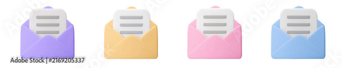 Set Vector 3d envelope icon and document isolated on white. Message, mail, open mail, newsletter subscriptions, business documents, email. Render illustration for banner, web, social media, app