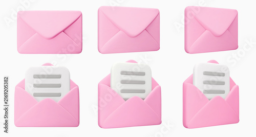 set Vector 3d pink envelope icon and documents isolated on white. Message, mail, open mail, newsletter subscriptions, business documents, email. Render illustration for banner, web, social media, app