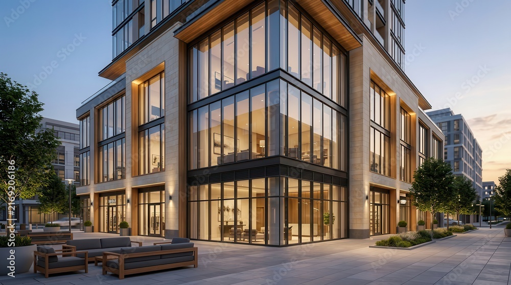 Fototapeta premium A contemporary mixed use building design concept featuring modern architecture and glass facades.