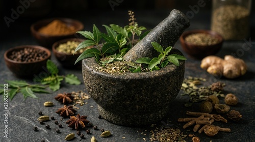 Ayurvedic herbal preparation with natural ingredients and traditional medicinal elements
