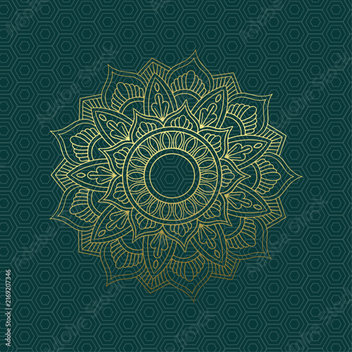 Luxury Golden Mandala Ornament on Dark Green Decorative Background
