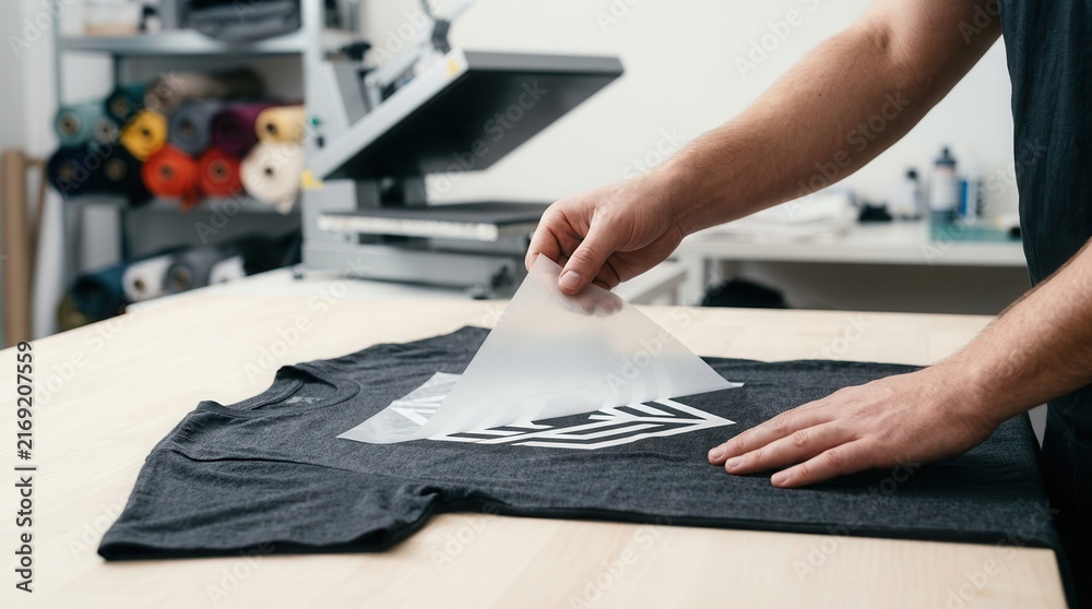 Naklejka premium Man's hands peeling back a transfer sheet from a custom t-shirt after heat pressing in a workshop.