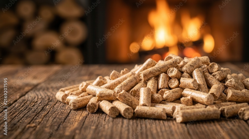 Naklejka premium Natural wood pellets for heating piled on a rustic wooden surface with a warm fire in the background.